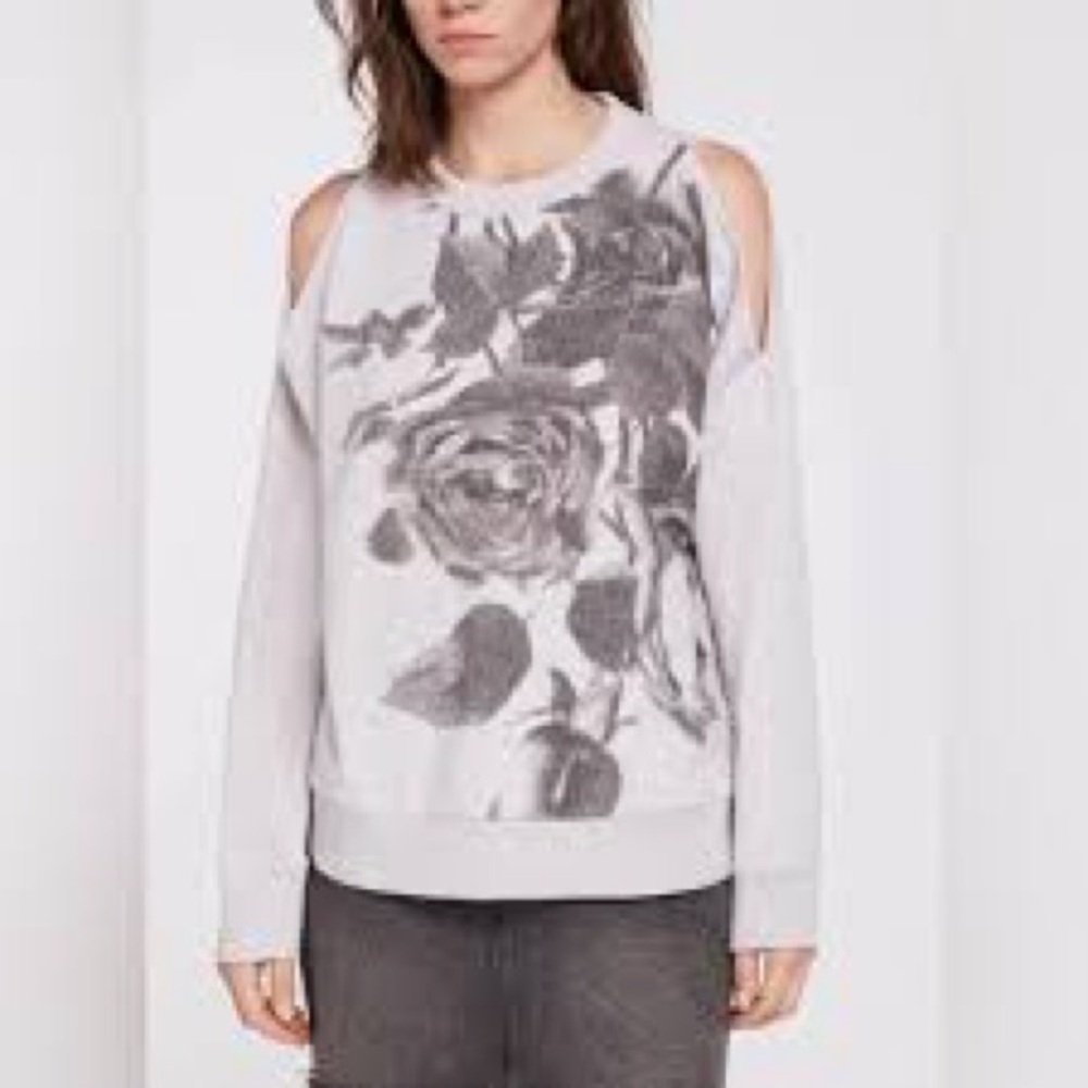 All Saints Rosen Unai Sweatshirt, light grey with dark rose print, size S EUC